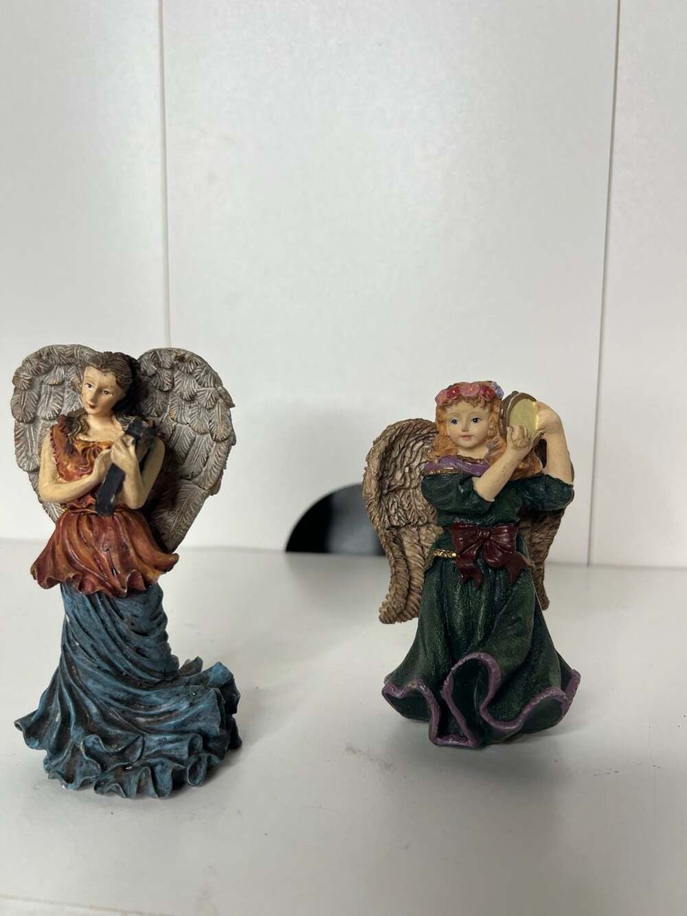 Set of 2 Decorative Resin Musical Angel Figurines with Lyre and Tambourine